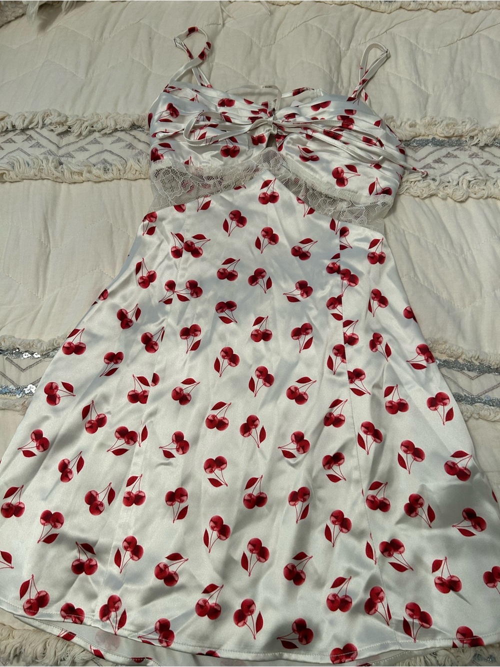 White Satin Dress with Red Cherry Print